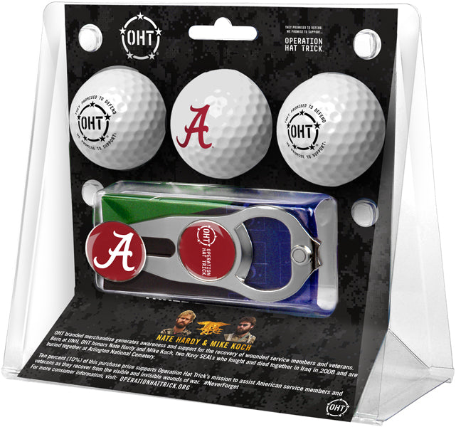 Alabama Crimson Tide OHT Regulation Size 3 Golf Ball Gift Pack with Hat Trick Divot Tool (Silver)