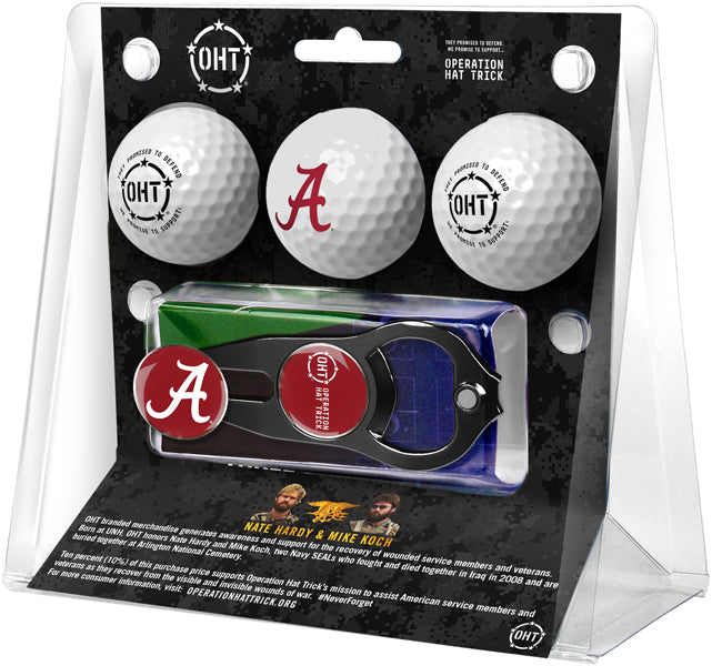 Alabama Crimson Tide OHT 3 Golf Ball Gift Pack with Hat Trick Divot Repair Tool Black