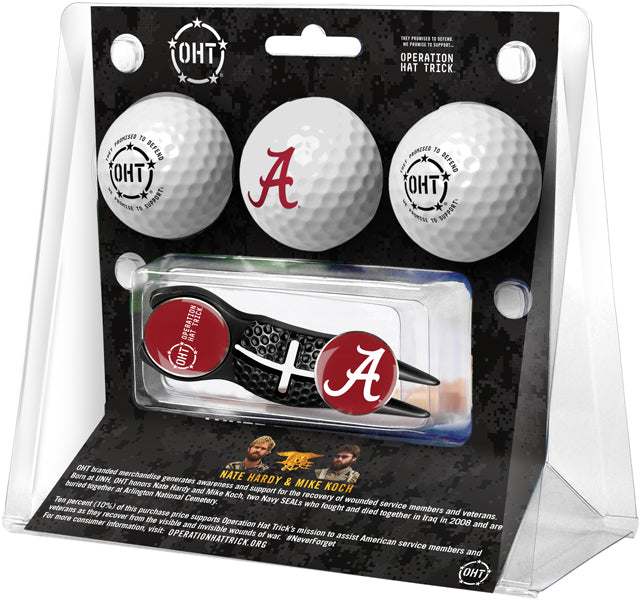 Alabama Crimson Tide OHT Regulation Size 3 Golf Ball Gift Pack with Crosshair Divot Tool (Black)