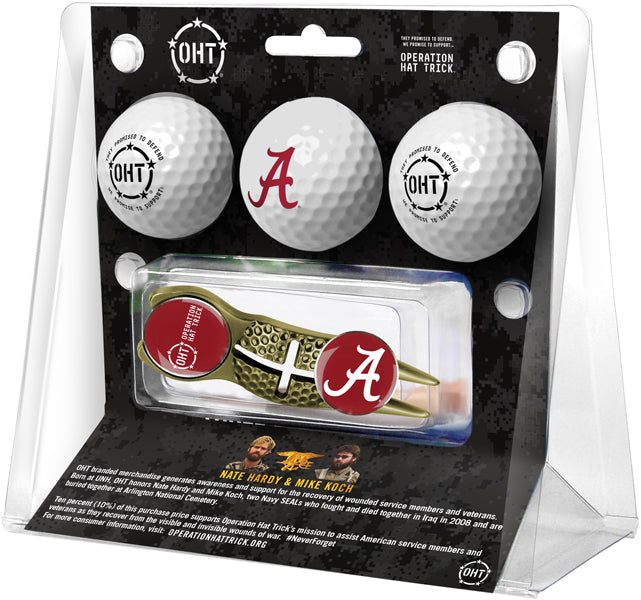 Alabama Crimson Tide OHT Regulation Size 3 Golf Ball Gift Pack with Crosshair Divot Tool (Gold)